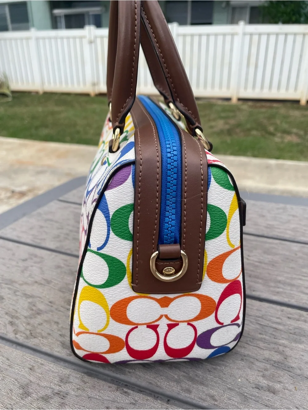 Coach Medium Pride Multicolor Signature Canvas Rowen with Brown Leather Trim